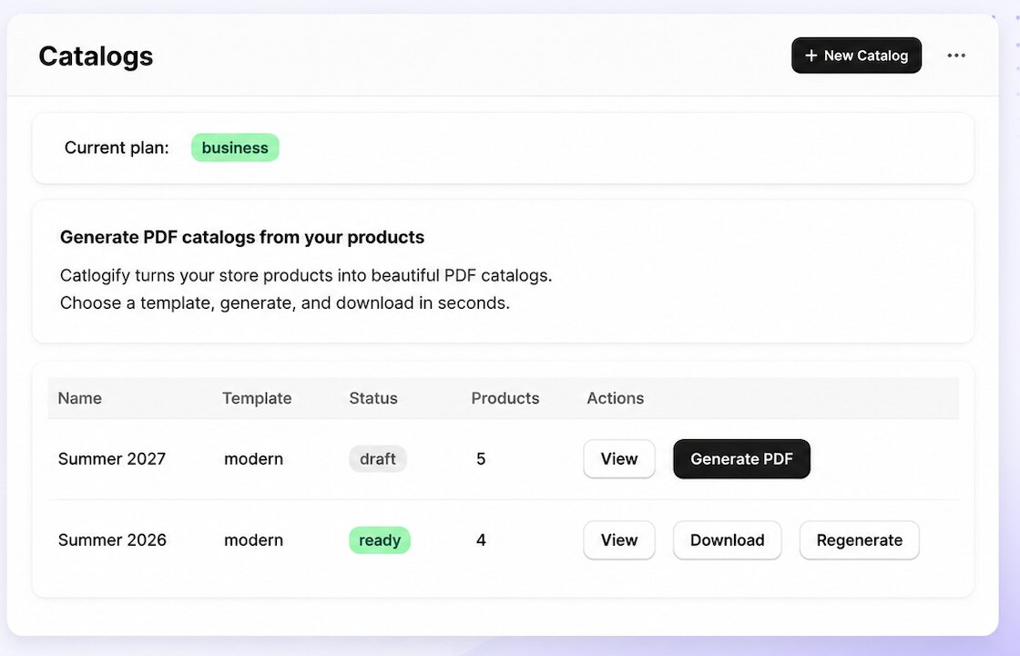 The Catlogify dashboard in the Shopify admin, listing two catalogs — Summer 2027 in draft and Summer 2026 marked ready — with View, Download and Regenerate actions.