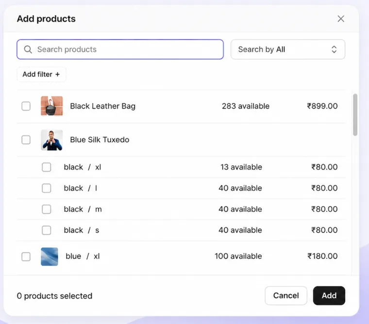 The Add products dialog, showing a searchable product list with variants, available stock and prices, and checkboxes to select items for a catalog.