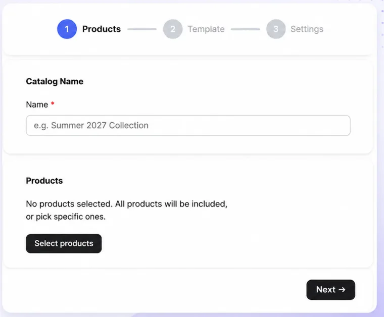 The catalog setup wizard, showing step one of three: naming the catalog and choosing products, followed by template and settings steps.